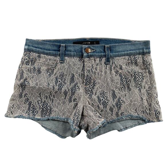 Joe's Jeans Shorts 28 Blue Denim Lace Overlay Cut Off Mid Rise Boho 2" Inseam - Picture 1 of 16